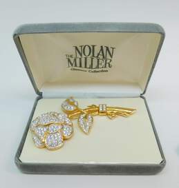 Vintage Nolan Miller Glamour Collection Icy Rhinestone & Gold Tone Rose Flower Brooch In Original Box 159.8g