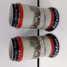 Pair Of Vintage 1990 Budweiser Holiday Collectable Christmas Edition Beer Steins