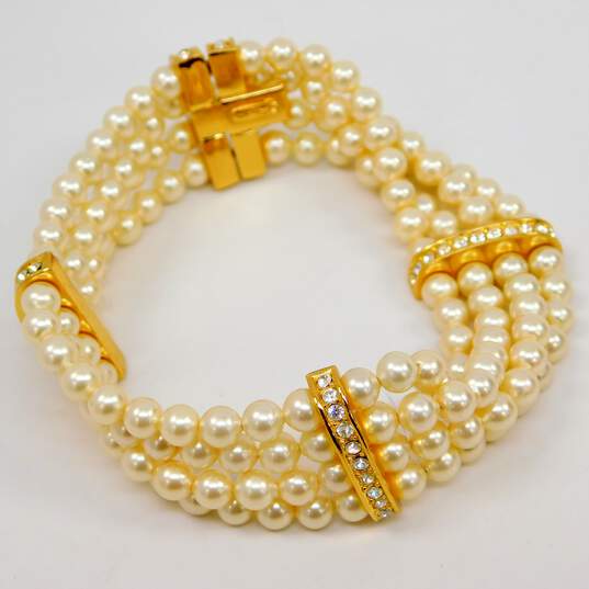 Vintage Christian Dior Icy Rhinestone Gold Tone & Faux Pearl Multi Strand Bracelet 44.9g image number 7