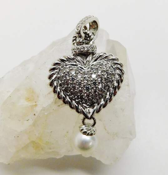 Judith Ripka 925 Cubic Zirconia & Pearl Charm Heart Pendant image number 2