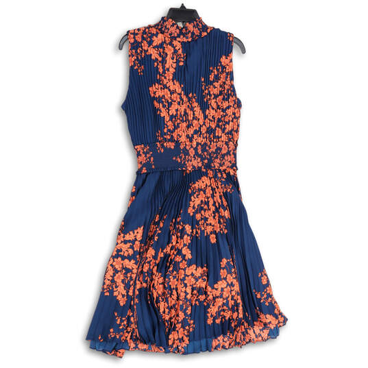 Womens Blue Red Floral Pleated Smocked Mock Neck Fit & Flare Dress Size 14 image number 1