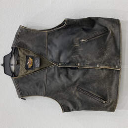 Vintage Mens Black V-Neck Zipped Pockets Sleeveless Leather Vest Sz X-Large