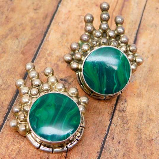 Taxco 925 Chunky Unique Malachite Inlay Clip On Earrings 28.1g image number 1