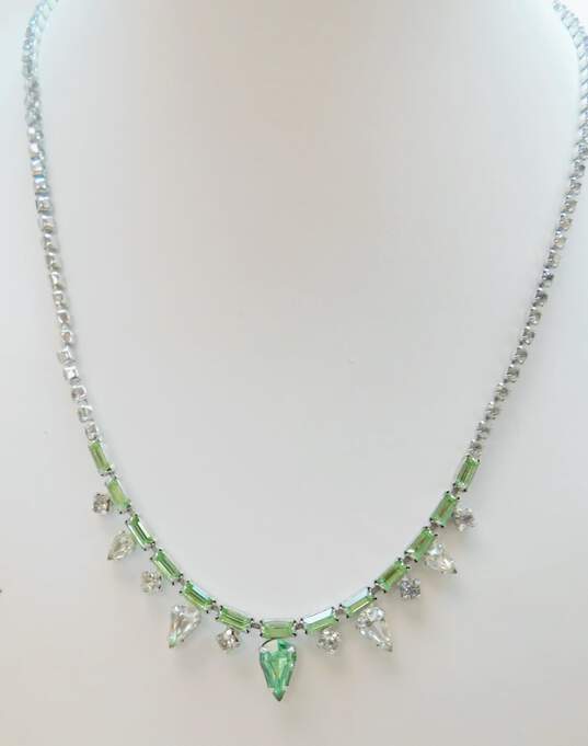 Vintage Silvertone Icy Green & Clear Rhinestones Necklace & Clip On Earrings Chain Bracelet & Unique Pointed Leaf Brooch 59.5g image number 2