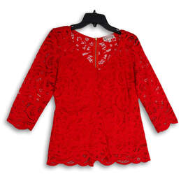 Womens Red Lace V-Neck Long Sleeve Back Zip Scalloped Hem Blouse Top Size M