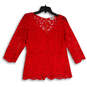Womens Red Lace V-Neck Long Sleeve Back Zip Scalloped Hem Blouse Top Size M image number 1