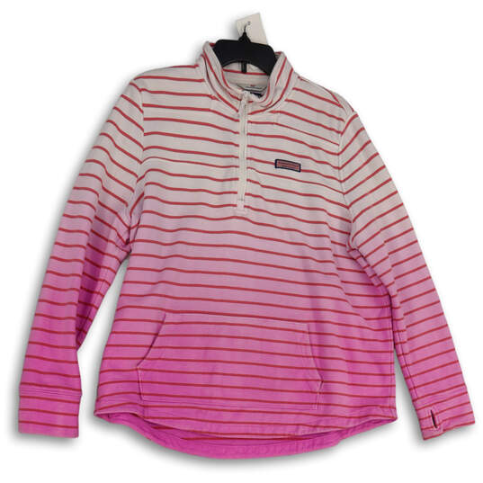 Womens White Pink Striped Mock Neck Thumb Keyhole Pullover Sweatshirt Size XL image number 1