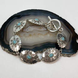 Designer Lucky Brand Silver-Tone Turquoise Stone Engraved Chain Bracelet