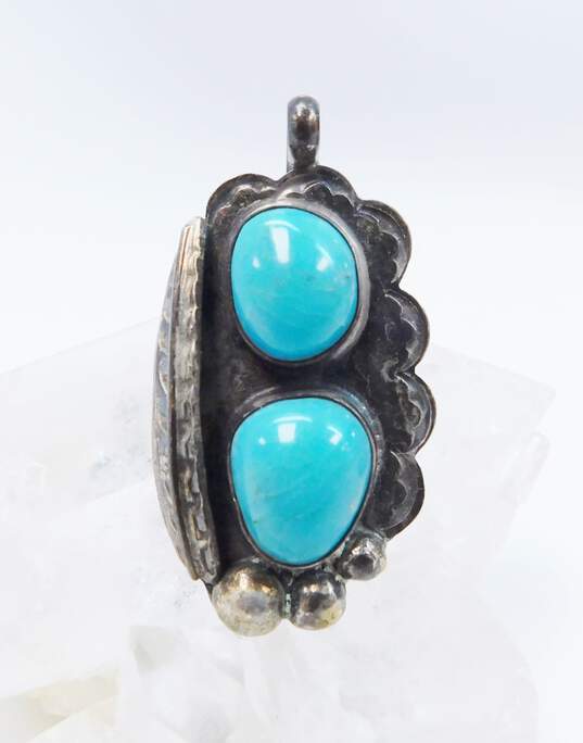 Artisan 925 Southwestern Turquoise Cabochons Feather & Domes Accented Stamped Scalloped Statement Pendant 13.2g image number 3