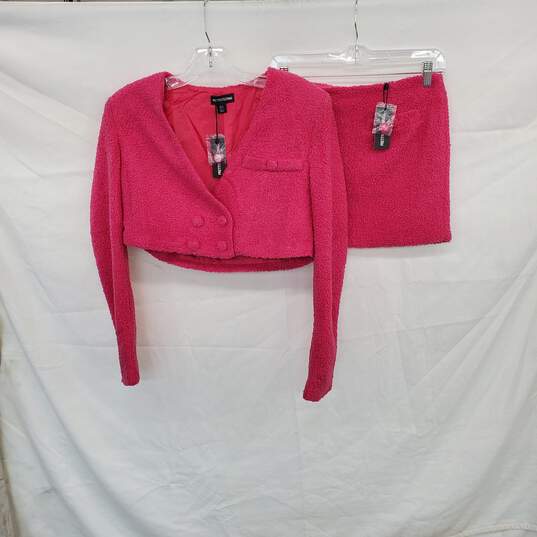 Pretty Little Thing Bright Pink Boucle Cropped Blazer Jacket & Micro Mini Skirt 2 Piece Set WM Size 4 NWT image number 1