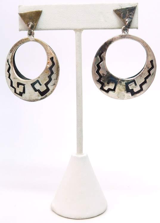 Taxco Mexico 925 Modernist Stepped Cut Outs Tapered Circle Drop Post Earrings image number 1