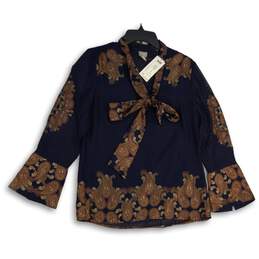 NWT Chico's Womens Blue Paisley Long Bell Sleeve Tie Neck Blouse Top Size 4/6