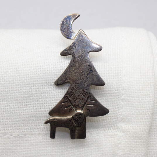 Mexico Artisan A.H.D Signed Sterling Silver Tree & Deer Brooch - 6.3g image number 1