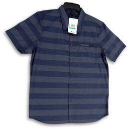 NWT Mens Blue Gray Striped Short Sleeve Collared Button-Up Shirt Size Large
