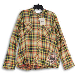 NWT Womens Multicolor Plaid Graphic Pockets Hooded Button-Up Shirt Size 2W
