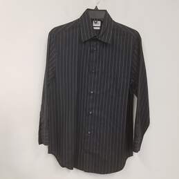 Mens Black Cotton Pinstriped Long Sleeve Collared Button Up Shirt Size S