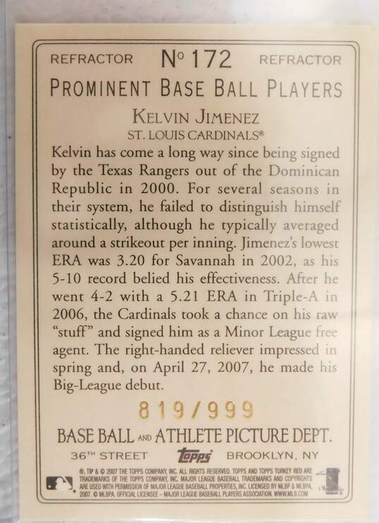 2007 Kelvin Jimenez Topps Turkey Red Rookie Chrome Refractor /999 St Louis Cardinals image number 3