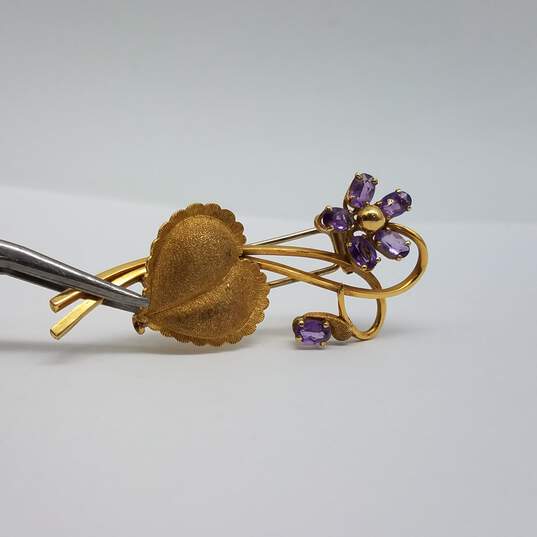 Fred Paris 18k Gold Heart Flowers Amethyst 2 Inch Brooch Pin 10.3g image number 1