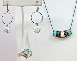 Artisan 925 Scroll Pendant Necklace Shell Earrings & Blue Glass Faux Opal Ring alternative image