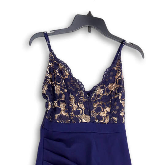 Womens Blue V-Neck Lace Spaghetti Strap Asymmetric Hem Bodycon Dress Size S image number 3