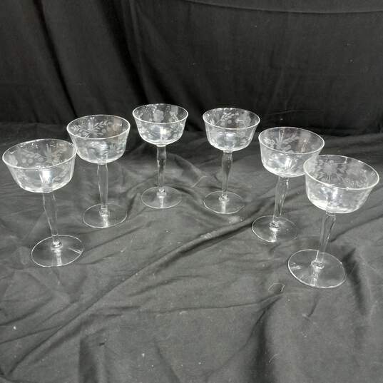 6pc Set of Etched Glass Sherry Glasses image number 1