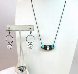 Artisan 925 Scroll Pendant Necklace Shell Earrings & Blue Glass Faux Opal Ring