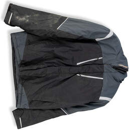Mens Gray Black Long Sleeve Pockets Hooded Raincoat Jacket Size Medium