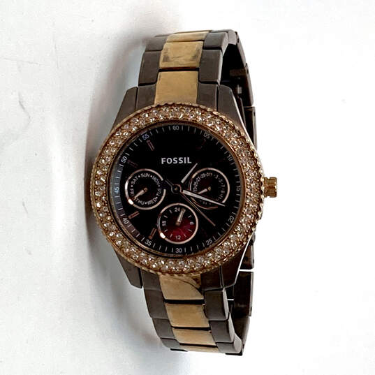 Designer Fossil Stella ES-2955 Two Tone Clear Rhinestone Analog Wristwatch image number 1