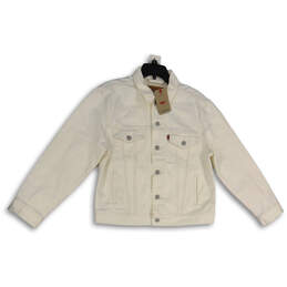 NWT Womens White Denim Spread Collar Long Sleeve Trucker Jacket Size M