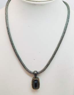Romantic Jonah Grossbardt 925 Sterling Silver & 18K Yellow Gold Onyx Pendant on Foxtail Chain Necklace 39.6g