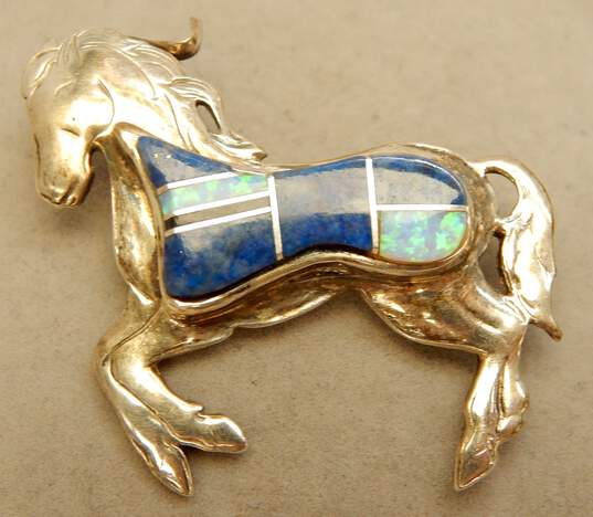 Navajo Grace Smith 925 Opal & Lapis Lazuli Inlay Horse Brooch 11.8g image number 1