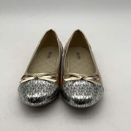 Womens Gold Silver Leather Bow Round Toe Slip On Ballet Flats Size 4