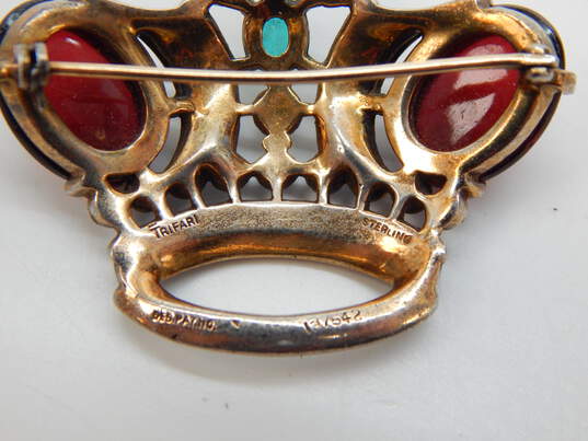Vintage Alfred Philippe Crown Trifari Sterling 925 Vermeil Jewel Tone Glass Cabochons & Rhinestones Crown Brooch 23.7g image number 5