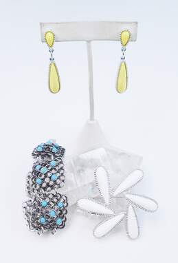 Vintage Caroline Emmons Blue Yellow White & Silver Tone Clip-On Drop Earrings Brooch & Panel Bracelet 93.1g