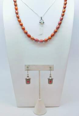 Artisan 925 Opal Cabochon & Quartz Point Pendant Chain & Brown Pearls Beaded Necklaces & Garnet Scrolled Drop Earrings 50.3g