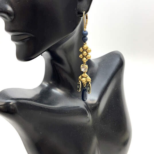 Designer J. Crew Gold-Tone Blue Beaded Rhinestone Drop Earrings image number 2