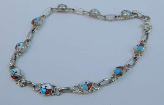 Zuni Artisan 925 Sterling Silver Turquoise Mother of Pearl & Coral Sunface Bracelet 5.5g image number 3