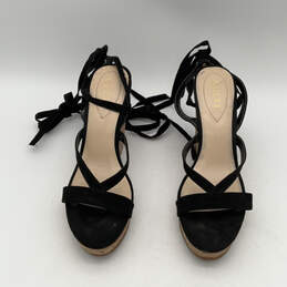 Womens Black Beige Leather Open Toe Wrap Lace Wedge Gladiator Heels Size 11