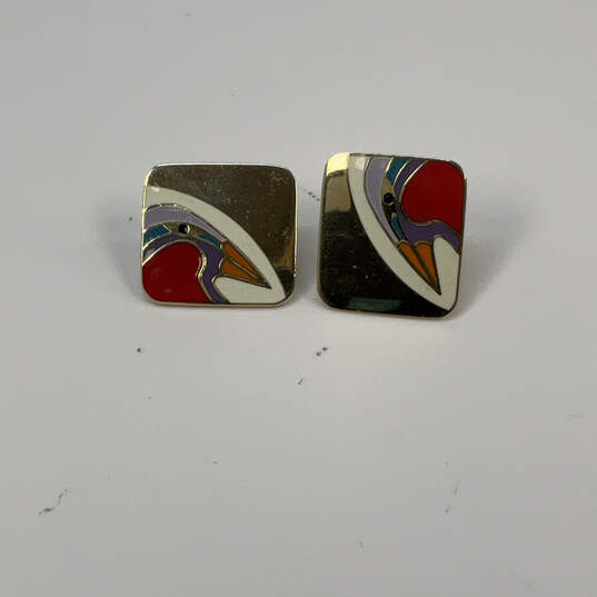 Designer Laurel Burch Gold-Tone Multicolor Enamel Square Stud Earrings image number 2