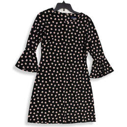 Womens Black White Floral Long Bell Sleeve Back Zip A-Line Dress Size 8