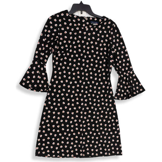 Womens Black White Floral Long Bell Sleeve Back Zip A-Line Dress Size 8 image number 1