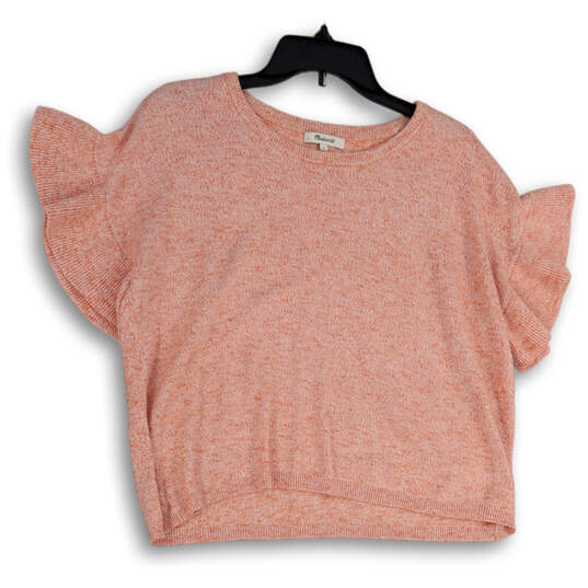 Womens Pink Flutter Sleeve Crew Neck Cropped Pullover Sweater Size Small image number 1