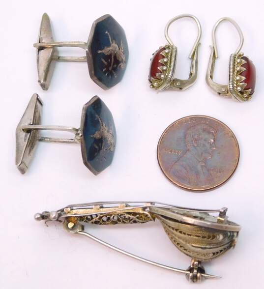Vintage Siam Sterling 925 & 800 Silver Carnelian Cabochon Granulated Drop Earrings Spun Filigree Lute Brooch & Niello Dancers Cufflinks 17.4g image number 8
