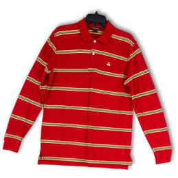 Mens Red Yellow Striped Long Sleeve Spread Collar Polo Shirt Size X-Large