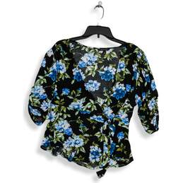 Womens Black Floral V-Neck 3/4 Sleeve Wrap Blouse Top Size Large