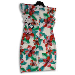 NWT Womens Multicolor Floral Ruffle Sleeve Round Neck Sheath Dress Size 16 alternative image