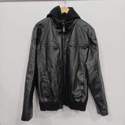 Guess Men's Black Leather Long Sleeve Straight Hem Hooded Full Zip Jacket Size XL alternative image