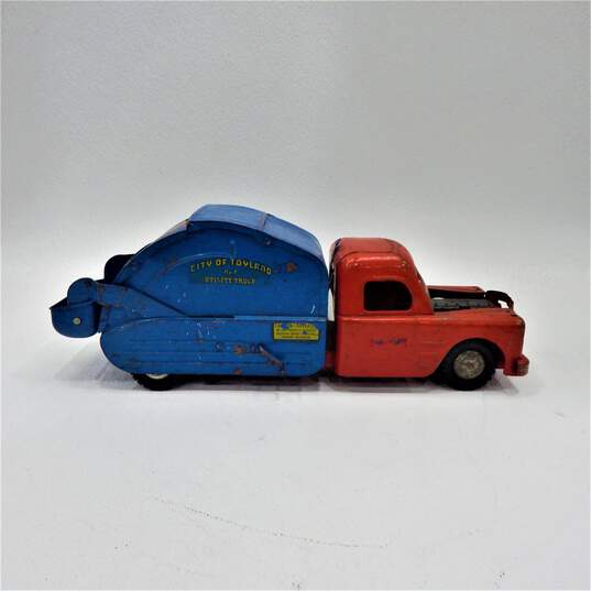 Vintage Structo City of Toyland No. 7 Blue Red Pressed Steel Utility Dump Truck image number 3