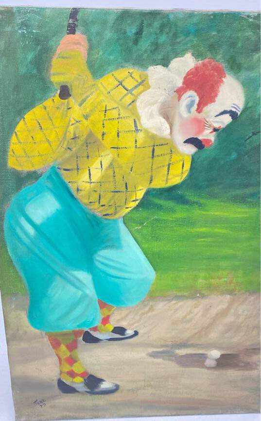 Original Art Hacienda Clown Vintage Oil on Canvas Artwork Signed Jane 1971 image number 5