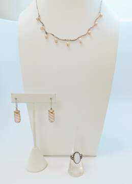 Romantic 925 Pink Pearls Curved Bars Chain Necklace Mother of Pearl Striped Drop Earrings & Shell Floral Ring 13.1g